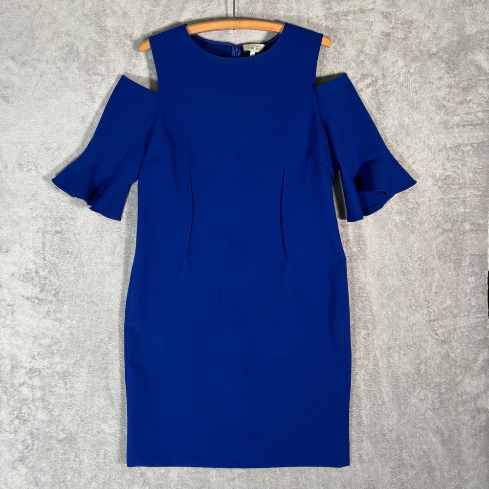 Rickie Freeman Teri Jon‎ Royal Blue Cold Shoulder Ruffle Sleeve Sheath Dress 16
